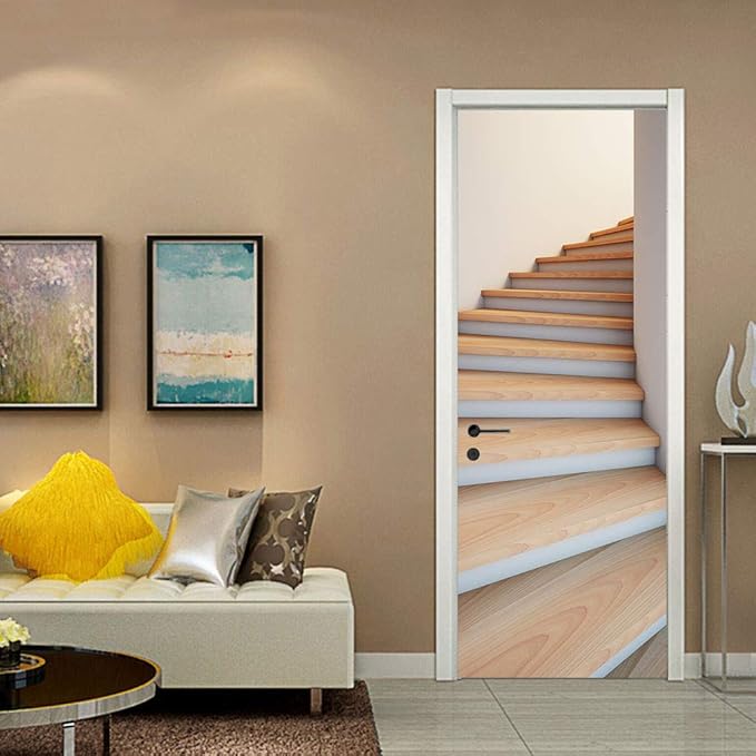3D Door Stickers Murals - Stairs Peel and Stick Waterproof & Washable Matt Finish Modern Style White 37.4" x 84.6"