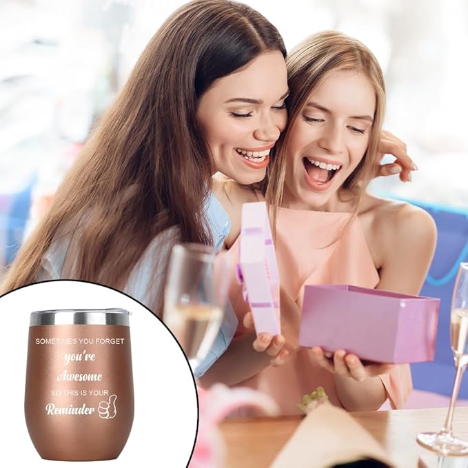 Inspirational Gifts for Women Men Insulated Wine Tumbler with Lid 12oz Valentines Gifts Encouragement Gift for Bestie Friends Coworker Motivational Gift for Birthday Xmas Graduation Rose Gold