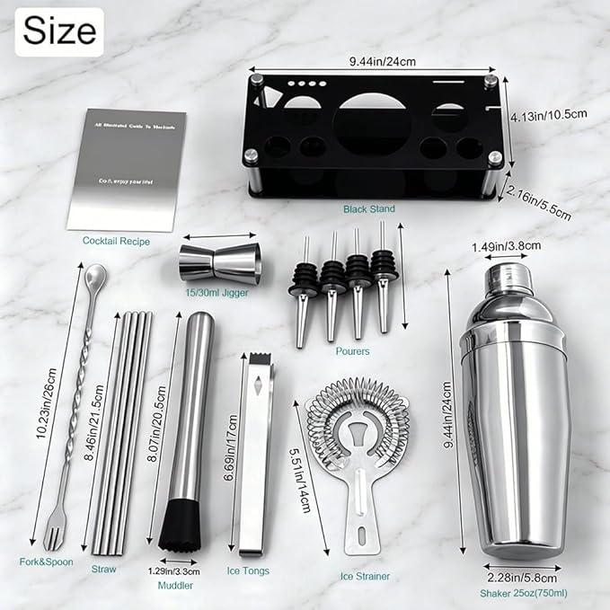 14-Piece Cocktail Shaker Set with Stand, Bartender Kit, 25oz Shakers, Bar Set Cocktail Shaker Set, Jigger for Bartending Kit, Drink Mixer Set, Cocktail Set Recipes Booklet Home, Bar, Party (Silver)