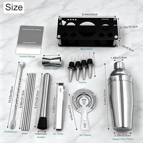 14-Piece Cocktail Shaker Set with Stand, Bartender Kit, 25oz Shakers, Bar Set Cocktail Shaker Set, Jigger for Bartending Kit, Drink Mixer Set, Cocktail Set Recipes Booklet Home, Bar, Party (Silver)