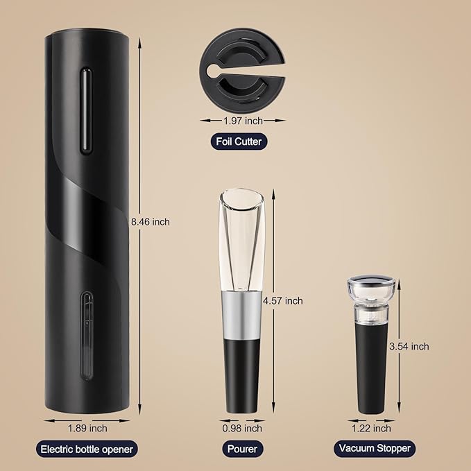 Electric Wine Opener Set by ELMWAY - Rechargeable Wine Bottle Opener & Corkscrew with Foil Cutter / 4 x Vacuum Stoppers/Premium Wine Aerator Pourer, Ideal Wine Gifts for Wine Lovers - Black