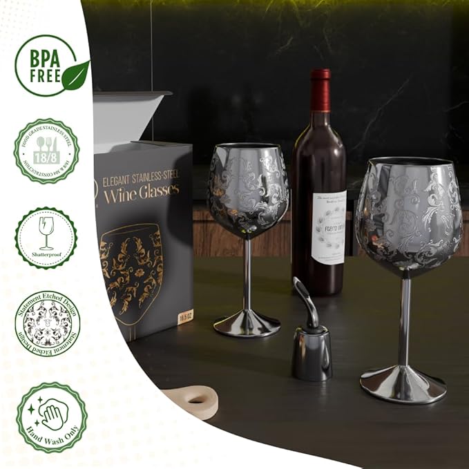 Mother’s Day Gift for Mom – Set of 2 Silver Stainless Steel Wine Glasses, 17oz Engraved Goblets with Bottle Stopper, Unbreakable Elegant Wine Cups, Gift for Women, Wife, Mom, Sister