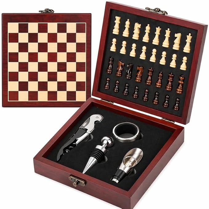 Wine Gift Set with Chess Board – Wine Accessories Kit for Men & Women, Corkscrew, Stopper & Pourer Included, Unique Gift for Wine Lovers, Birthday, Anniversary, Housewarming