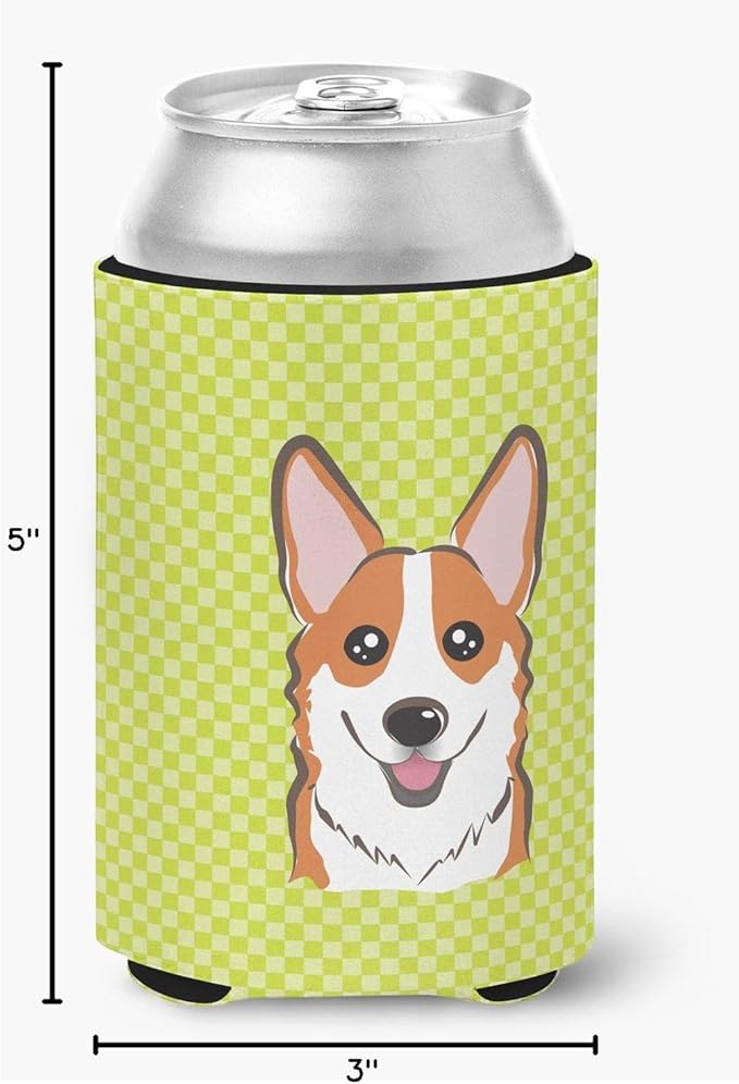 Caroline's Treasures BB1316CC Checkerboard Lime Green Corgi Can or Bottle Hugger Cooler Washable Drink Sleeve Collapsible Beverage Insulated Holder, Can Hugger, Multicolor