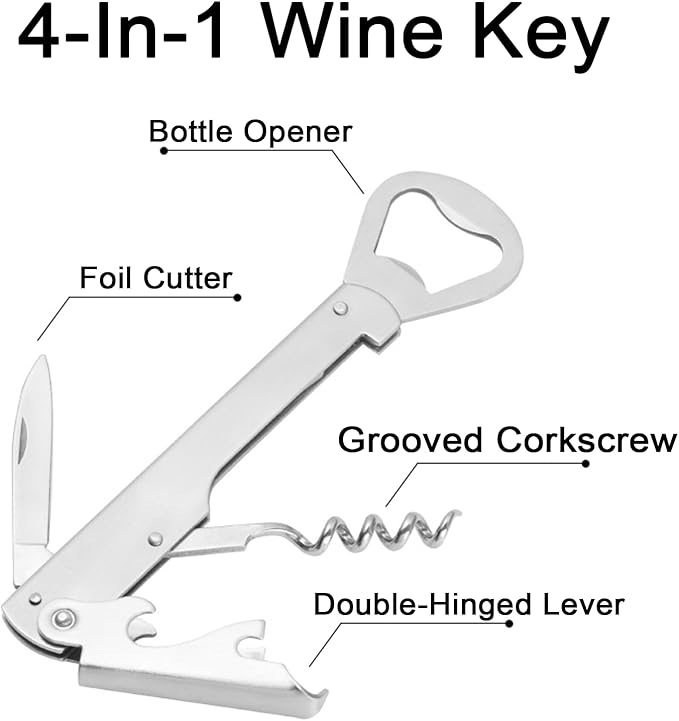 Wine Key for Bartenders, Professional Double Hinged Wine Opener with Foil Cutter, Wine and Beer Bottle Opener for Servers, Stainless Steel Corkscrew