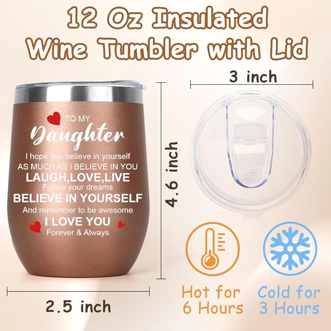 Daughter Graduation Gifts Insulated Wine Tumbler with Lid 12oz Birthday Gift for Daughters Inspirational Gifts for Daughter from Mom Dad To My Daughters Gift for Easter Basket Stuffers Rose Gold