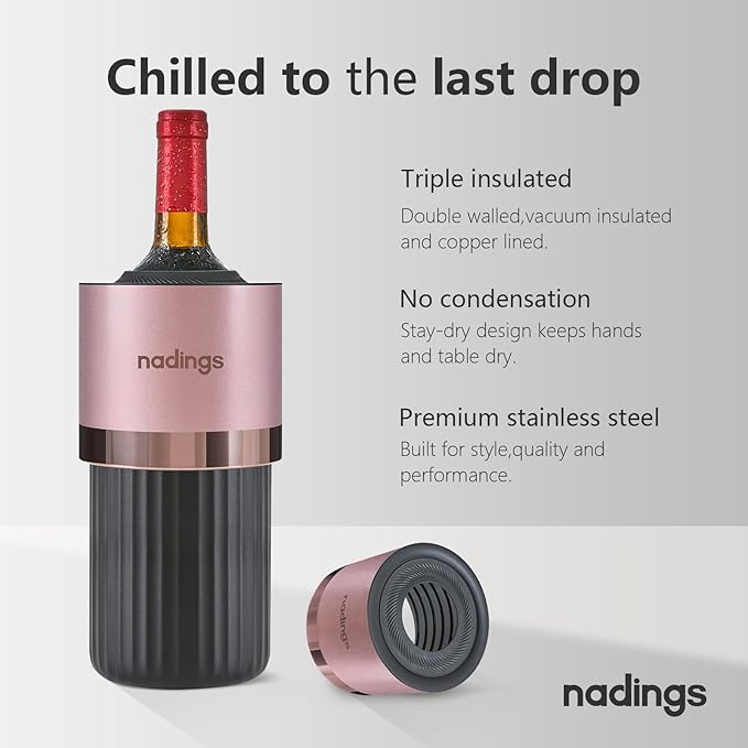 Iceless Wine Chiller - Keeps Cold 6+ Hours, Portable Vacuum Insulated Stainless Steel Champagne Cooler, Fits Most Wine Champagne & Liquor Bottles, Perfect Gift for Wine Lovers (Rose Gold)
