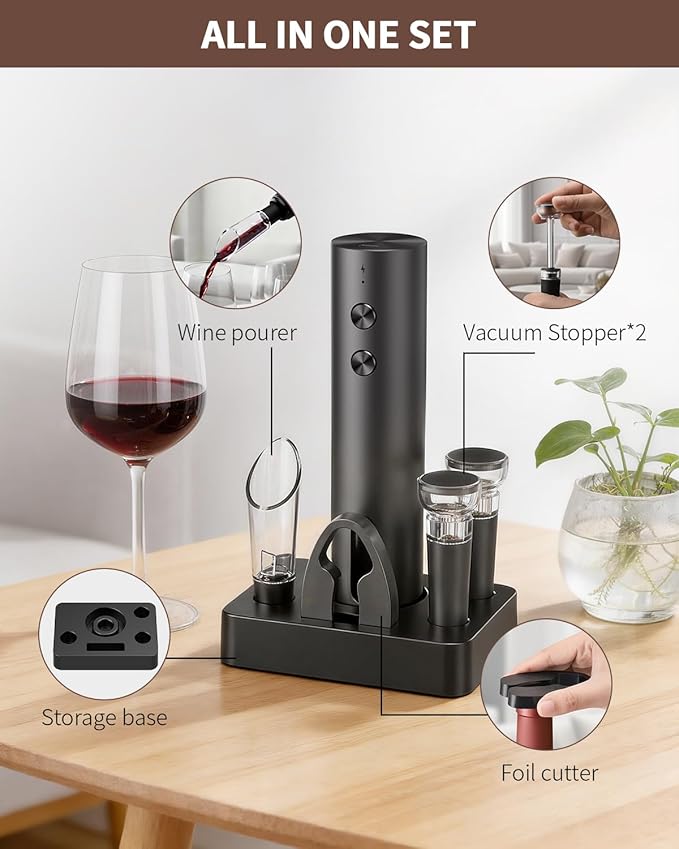 CIRCLE JOY Rechargeable Electric Wine Opener, 6-In-1 Cordless Electric Wine Bottle Opener with Pourer, Foil Cutter, 2 Vacuum Preservation Stoppers and Storage Base, Gifts for Wine Lovers