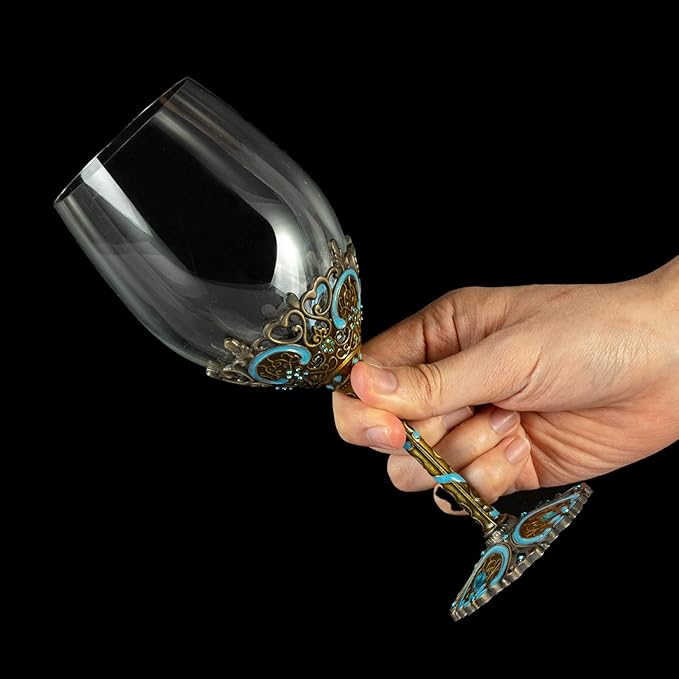 Comeon Wine Glasses Clear Handcrafted Champagne Glasses Red Wine Glasses Set of 2 Enamel Floral Goblets (Blue)