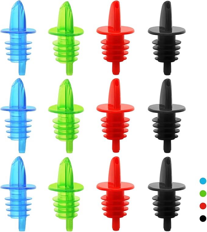 Plastic Liquor Bottle Pourers Assorted - 12 Pack Classic Bottle Pourers for Alcohol, Leak-Proof, Dishwasher-Safe Pour Spouts for Liquor Bottles (Assorted)