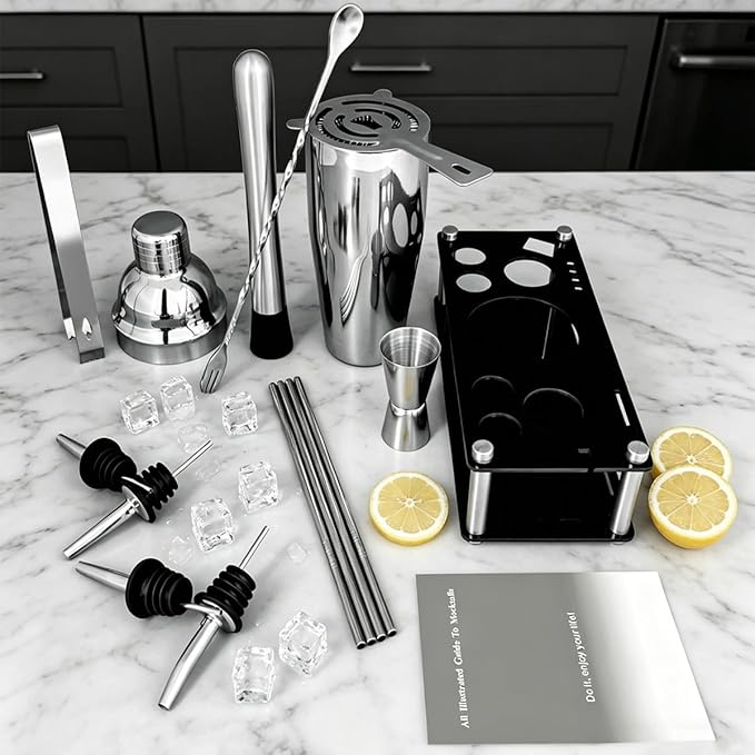 14-Piece Cocktail Shaker Set with Stand, Bartender Kit, 25oz Shakers, Bar Set Cocktail Shaker Set, Jigger for Bartending Kit, Drink Mixer Set, Cocktail Set Recipes Booklet Home, Bar, Party (Silver)
