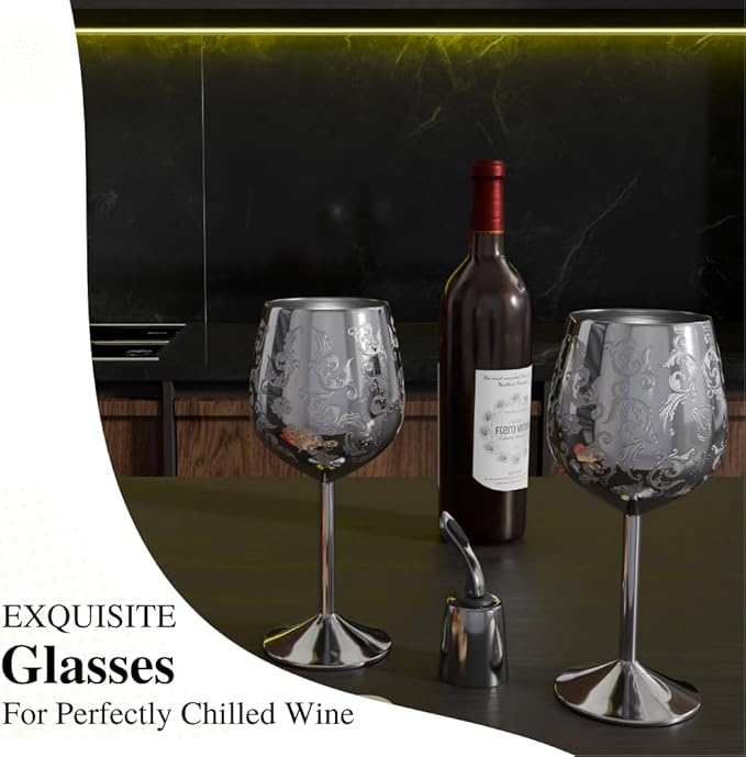 Mother’s Day Gift for Mom – Set of 2 Silver Stainless Steel Wine Glasses, 17oz Engraved Goblets with Bottle Stopper, Unbreakable Elegant Wine Cups, Gift for Women, Wife, Mom, Sister