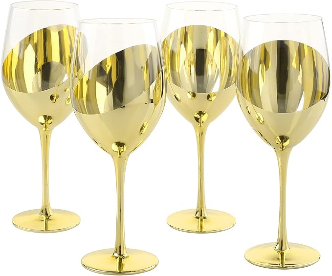 MyGift Modern Brass Long Stemmed Wine Glasses for White or Red Wine with Elegant Angled Design, Set of 4