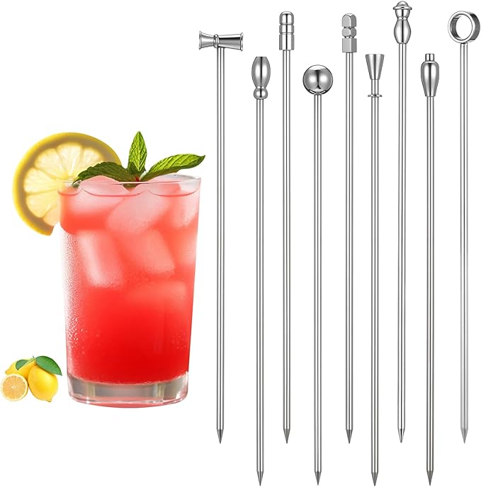 9 Pcs Metal Martini Cocktail Picks, 4.2 Inches Olive Appetizer Skewers Stainless Steel Martini Garnish Sticks Reusable, Metal Toothpicks for Drinks, Bar Accessories Supplies for Bartenders (Sliver)
