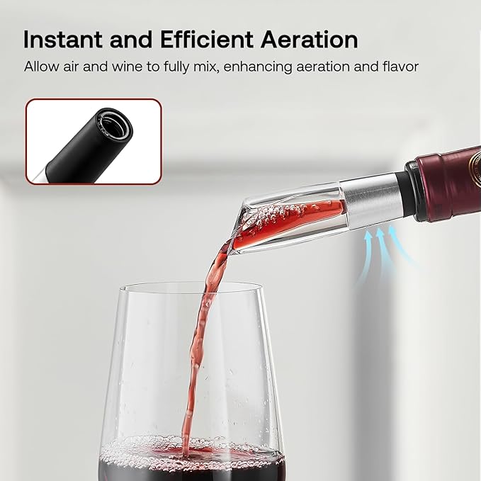 Elegant Wine Aerator Pourer Spout by ELMWAY - Clear Wine Air Aerator Enhances Flavor, Aroma & Finish, No Spill Design, Wine Accessory Gift for Wine Lovers - Silver