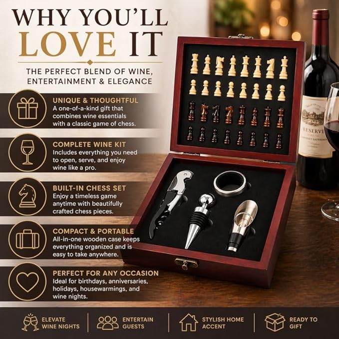 Wine Gift Set with Chess Board – Wine Accessories Kit for Men & Women, Corkscrew, Stopper & Pourer Included, Unique Gift for Wine Lovers, Birthday, Anniversary, Housewarming