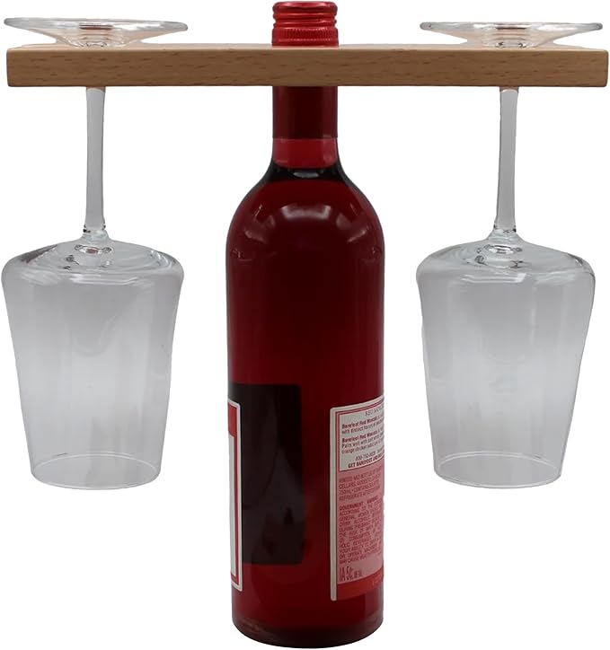 SlidingSusan Wine & Glass Holder - Countertop or Shelf Storage Rack for 2 Glasses & Bottle, Decorative Holiday or Housewarming Gift, Solid Beachwood, 10 Inch x 3.5 Inch