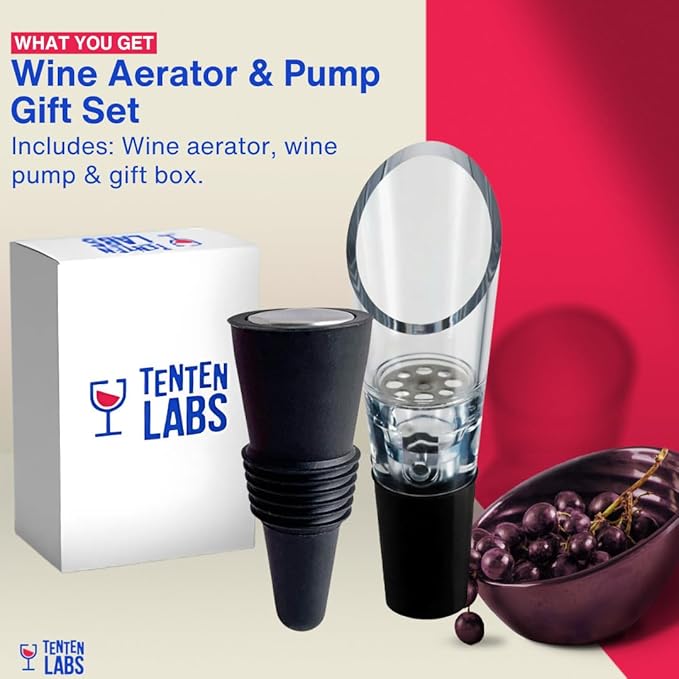 Red Wine Aerator and Stopper Set (2-Pack) by TenTen Labs, In-Bottle Aerator Spout for Smooth Pouring, Leak-Resistant Bottle Stopper with Re-Corker, Gift Box Included, (Black)