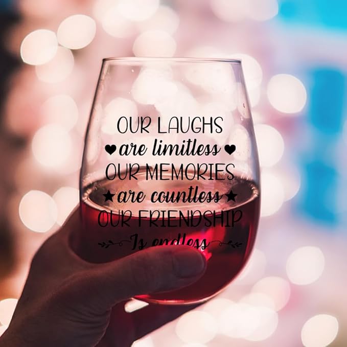 DYJYBMY Our Laughs Are Limitless Our Memories Are Countless Stemless Wine Glass With Gifts Box, Graduation Farewell Gifts For Classmate Friends Bestie, Stemless Glass For Wine Lover, Wedding Eve
