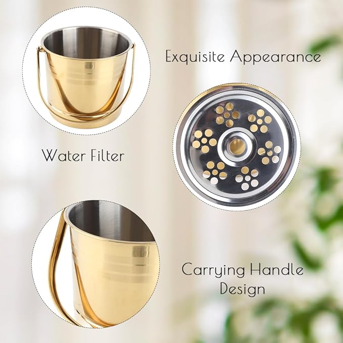 1L Ice Bucket, Metal Double Wall Ice Bucket with Filter Plate and Carrying Handle Stainless Steel Insulated Ice Bucket Golden for Cocktail Bar Wine Parties Champagne Bucket(14x13.8x12.5cm)