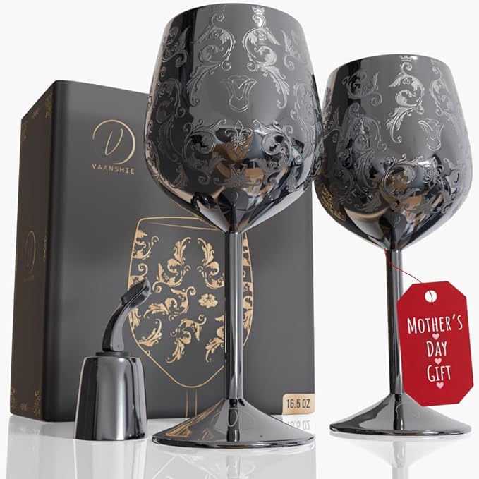 Mother’s Day Gift for Mom – Set of 2 glossy black Stainless Steel Wine Glasses, 17oz Engraved Goblets with Bottle Stopper, Unbreakable Elegant Wine Cups, Gift for Women, Wife, Mom, Sister