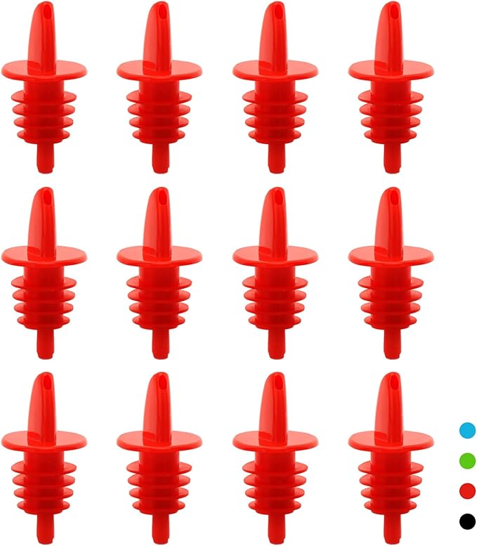 Plastic Liquor Bottle Pourers red- 12 Pack Classic Bottle Pourers for Alcohol, Leak-Proof, Dishwasher-Safe Pour Spouts for Liquor Bottles (red)