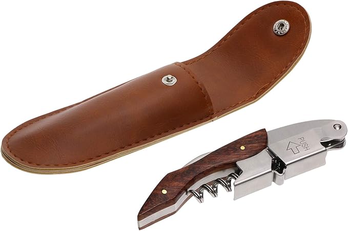Mini Skater Professional Wine Opener Keys Natural Wood Handle Double-Hinged Stainless Steel Screw Beer Bottle Corkscrew with Leather Pouch For Bartenders Waiters Servers,1Pcs (B Style + Pouch)