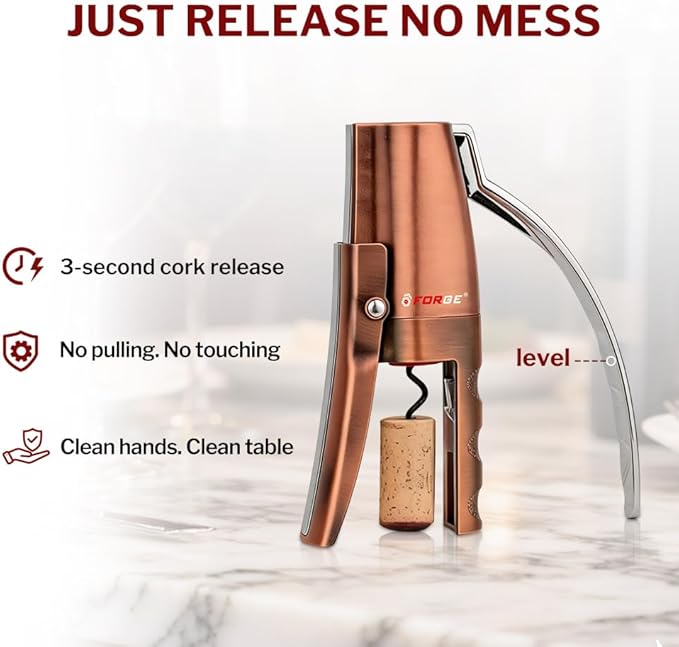 Forge Quality Compact Vertical Lever Corkscrew Wine Opener with Foil Cutter. 3 Seconds to Open a Bottle of Wine. Metallic Bronze