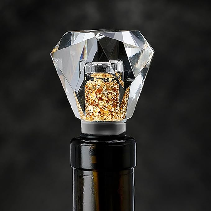 Halyhun Rustproof Glass Diamond Wine Stopper 1pcs, Decorative Crystal Wine and Beverage Bottle Stopper for Kitchen, Elegant Wine Stopper with Gold Foil décor, Made of Premium Glass and Silicone, Clear