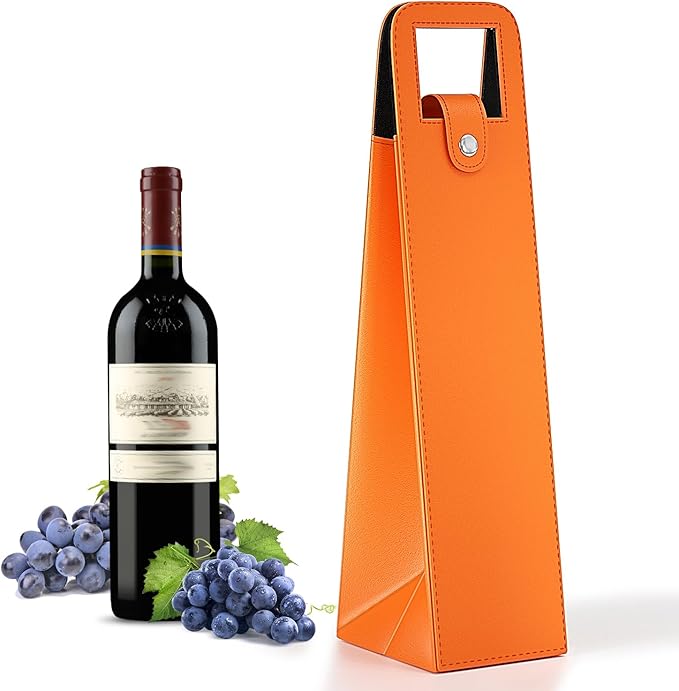 RYDDOY Wine Gift Bag, Reusable Leather Wine Tote Carrier, Single Bottle Champagne Beer Gift Bags Carrier for Birthday, Wedding, Picnic Party, Christmas festival Gifts (Orange)