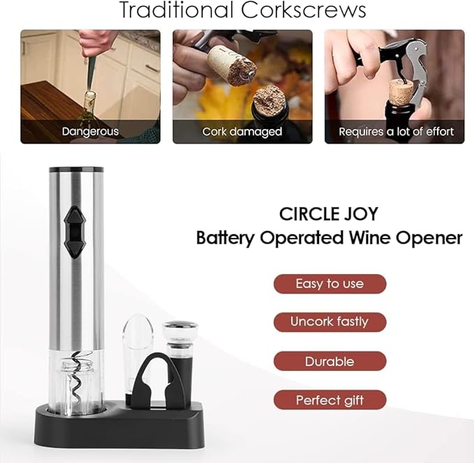 CIRCLE JOY 5-in-1 Electric Wine Opener Gift Set Stainless Steel Electric Wine Bottle Opener Battery Operated Corkscrew with Foil Cutter, Wine Pour, Wine Stopper and Storage Base, Silver