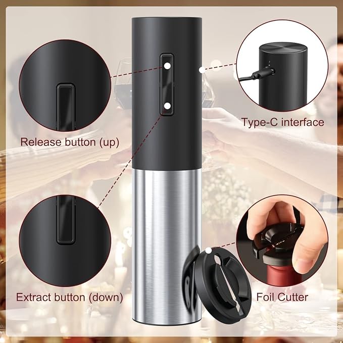 Electric Wine Opener Rechargeable, Automatic Wine Bottle Openers with Foil Cutter and USB Cable, Gift Wine Corkscrew for Home Kitchen Party Bar - Stainless Steel, One-click Button