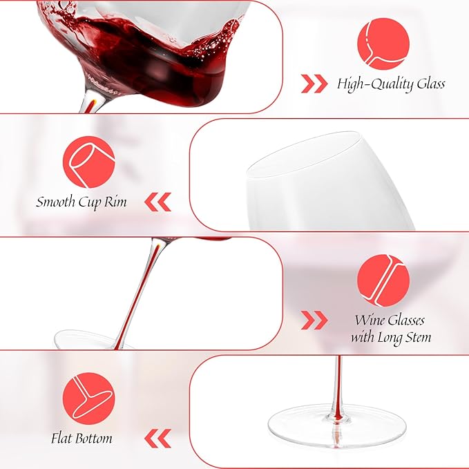KAMMAK Wine Glasses Set of 2, 24.69 oz Hand Blown Crystal Bordeaux Wine Glasses, Thin Rim & Long Stem, Perfect for Red & White, Daily Use, Wedding or Birthday Gift with Gift Box, Clouds Red