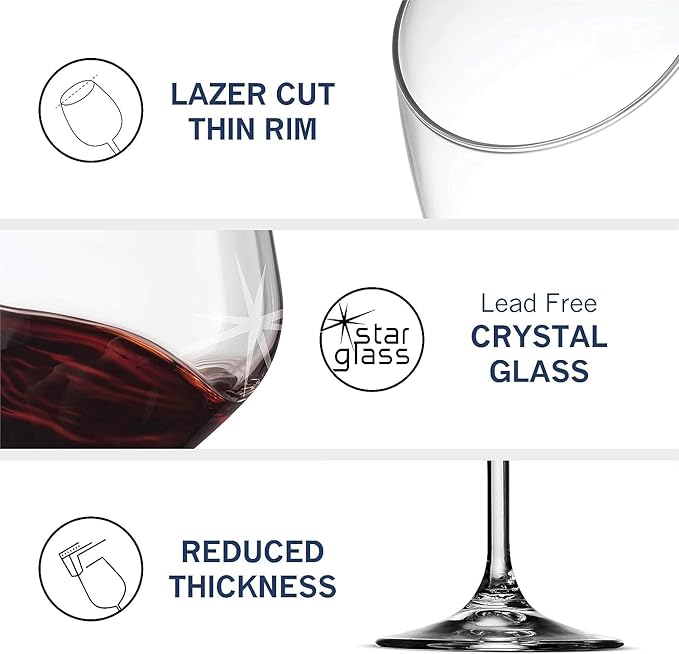 Bormioli Rocco 18oz Red Wine Glasses, Crystal Clear Star Glass, Laser Cut Rim For Wine Tasting, Elegant Party Drinking Glassware, Restaurant Quality (Set of 4)