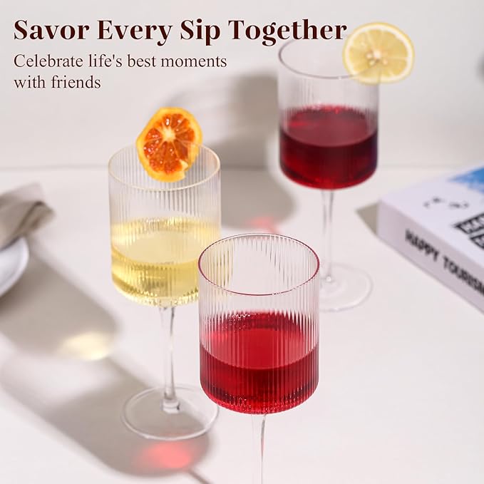 Ribbed Square Wine Glasses Set of 4 – 15oz Hand Blown Ribbed Design Wine Glasses, Unique Vintage Style Drinking Glasses, Red or White Glasses With Long Stem - For Mothers Day, Wedding, Birthday