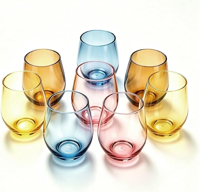 Lily's Home Set of 8 Shatter-Resistant Acrylic Stemless Wine Glasses - 14 oz for Poolside, Parties, Patio & Outdoor Indoor Use, BPA-Free Plastic Drinkware in Mixed Colors