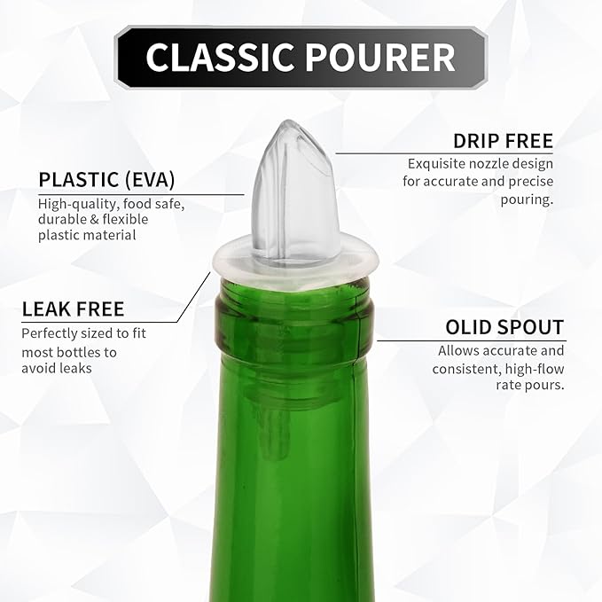 Plastic Liquor Bottle Pourers Black- 12 Pack Classic Bottle Pourers for Alcohol, Leak-Proof, Dishwasher-Safe Pour Spouts for Liquor Bottles (Clear)