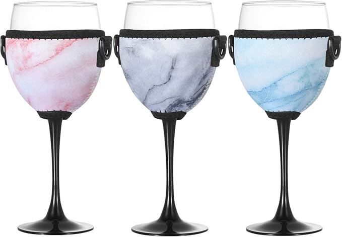 Beautyflier Wine Glass Insulator/Drink Holder/Neoprene Sleeve with Adjustable Neck Strap For Wine Walk (Marble Blue/Pink/Gray)
