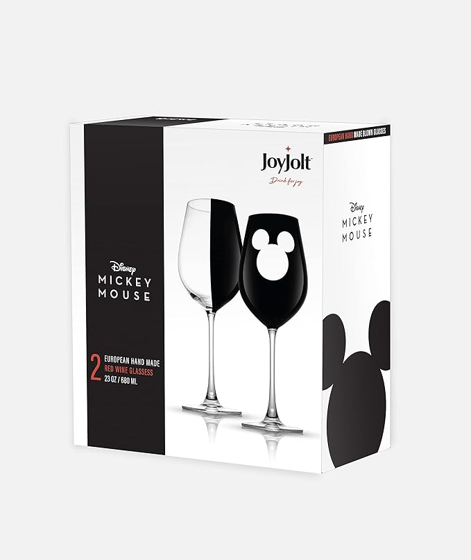 JoyJolt Disney Mickey Mouse Stemmed Red Wine Glasses Set of 2 European Crystal Drinking Glasses. Luxury 23oz Black Wine Glasses, Perfect for Xmas and Special Occasions