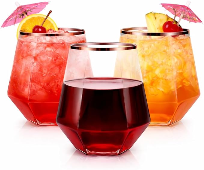 Oojami 40 Pack Disposable Plastic Wine Glasses 12 oz Diamond Stemless Rose Gold Rim - Shatterproof Unbreakable BPA-Free Recyclable Reusable Wine Cups for Weddings Parties Birthday Champagne Cocktail