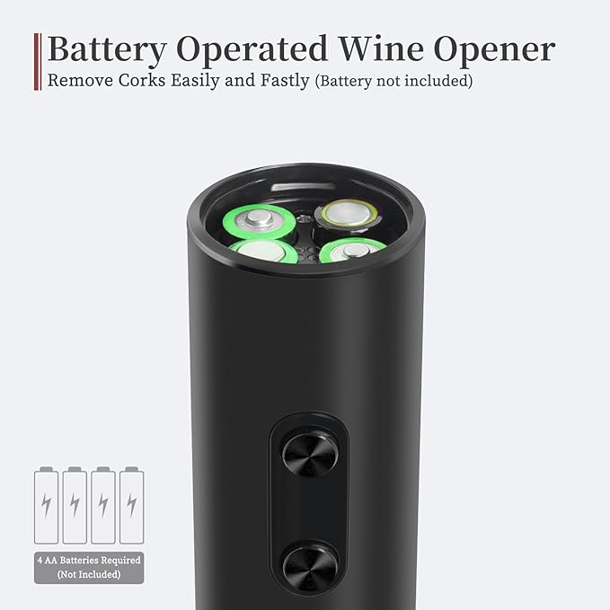 Battery Operated Wine Opener by ELMWAY, Electric Corkscrew & Wine Bottle Opener, Gift for Wine Lovers and Wine Accessories for Home Bars - Black (Foil Cutter & 4 x AA Not Included)