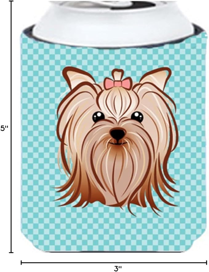 Caroline's Treasures BB1142CC Checkerboard Blue Yorkie Yorkishire Terrier Can or Bottle Hugger Cooler Washable Drink Sleeve Collapsible Beverage Insulated Holder, Can Hugger, Multicolor