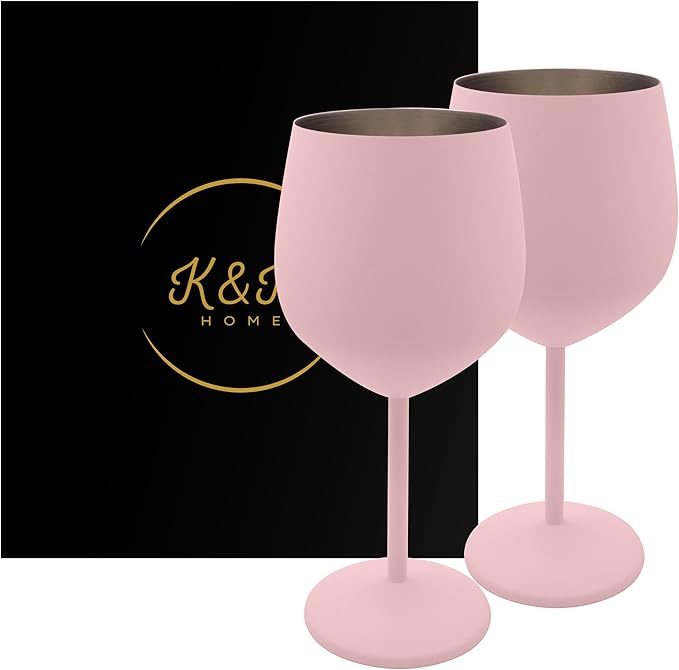 K&K Home Pink Stainless Steel Unbreakable Wine Glasses - 18 oz - Set of 2 Colored, Stemmed Metal Wine Glasses Perfect for Outdoors, Weddings, and Parties (Pink, Set of 2)