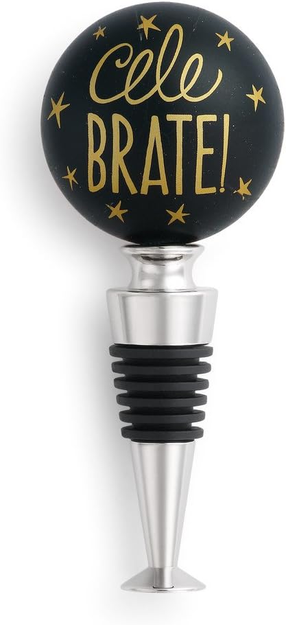 Celebrate Gold Toned Stars On Black 4.5 x 2 Resin Stone Wine Bottle Stopper
