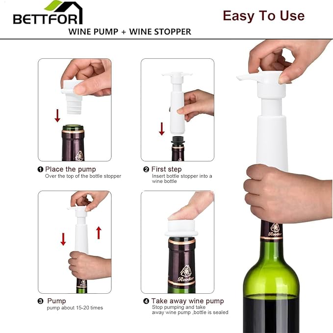 Wine Saver Pump with 4 Vacuum Wine Stoppers, Wine Bottle Stoppers with Food Grade Silicone Leak proof Keep Fresh Suitable for All Standard Wine Bottles