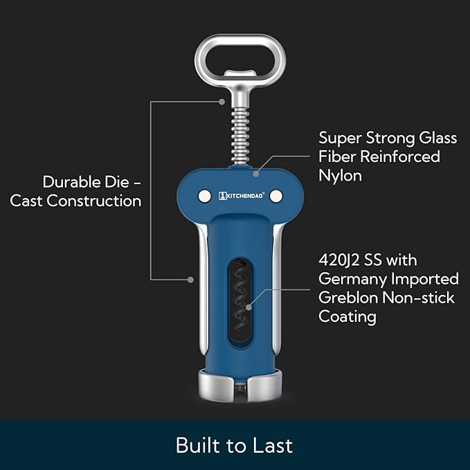 KITCHENDAO Luxury 3 in 1 Wine Opener with Foil Cutter, Beer Bottle Opener, Sturdy Zinc Alloy Wing Corkscrew with Self-centering Non-stick Sharp Screw, Easy to Remove Cork, Manual Corkscrew (Blue)