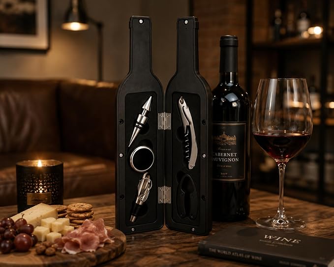 Luxury Wine Accessory & Gift Set - Corkscrew, Stopper, Pourer, and Games! (Wine Opener - Black and Red Glossy Bottle Case)