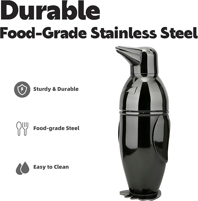 17oz Cocktail Shaker Black Penguin, Bartender Shakers with Built-In Strainer, Unique Design Stainless Steel Martini Shaker Professional Bar Mixology Tool, Drink Mixer Bartending Essentials