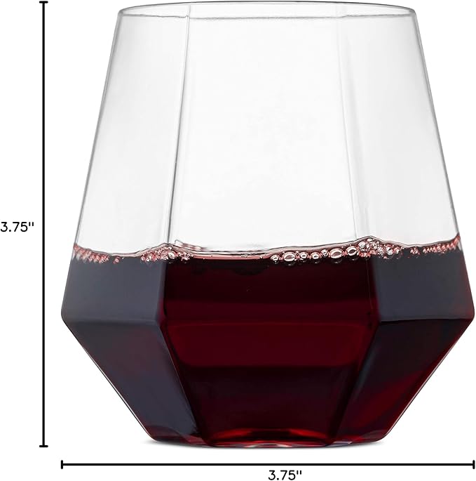 Munfix Plastic Stemless Wine Glasses 32 Pack - Diamond Shaped Unbreakable Disposable 12 Oz Clear Plastic Wine Champagne Whiskey Cups, Shatterproof Recyclable and BPA-Free