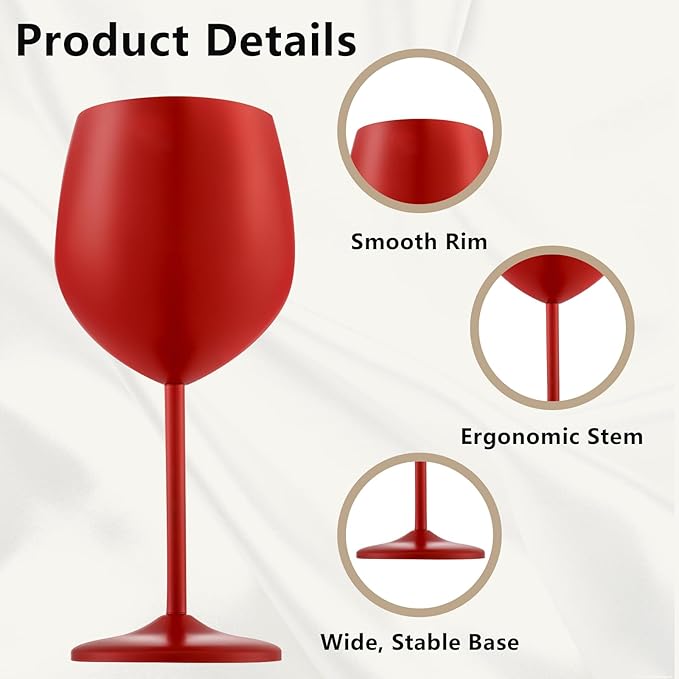 Stainless Steel Wine Glasses Set of 4 Unbreakable Wine Glass 18 oz Unique Metal Wine Goblets for Outdoor, Travel, Camping, Pool, Ideal Gift for Wine Lovers (Matte-Red)